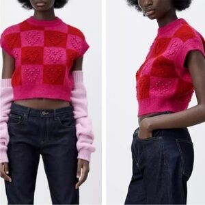 Zara Red and Pink Checkered Hearts Cropped Sweater Size Small